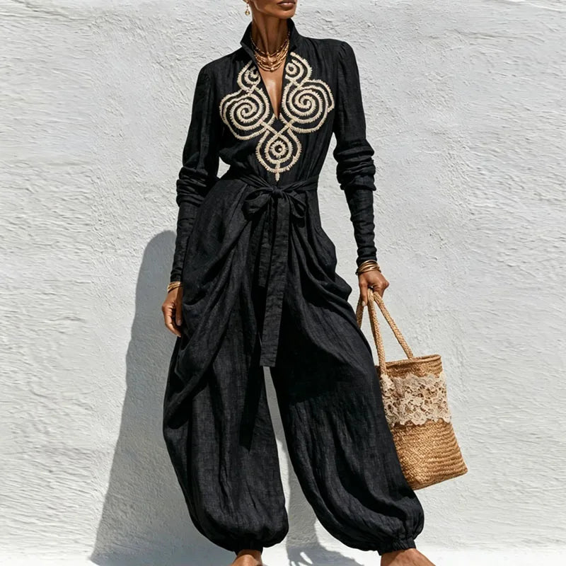 Boho Chic Embroidered Linen-Feel Polyester Jumpsuit – Multi-Wear Magic Statement Set