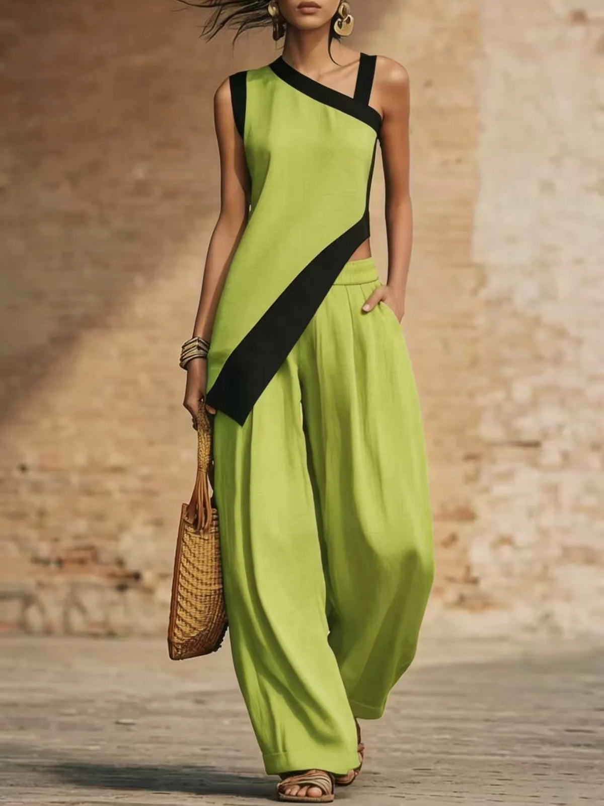 Asymmetric Two-Piece Tunic &amp; Wide-Leg Pants Set