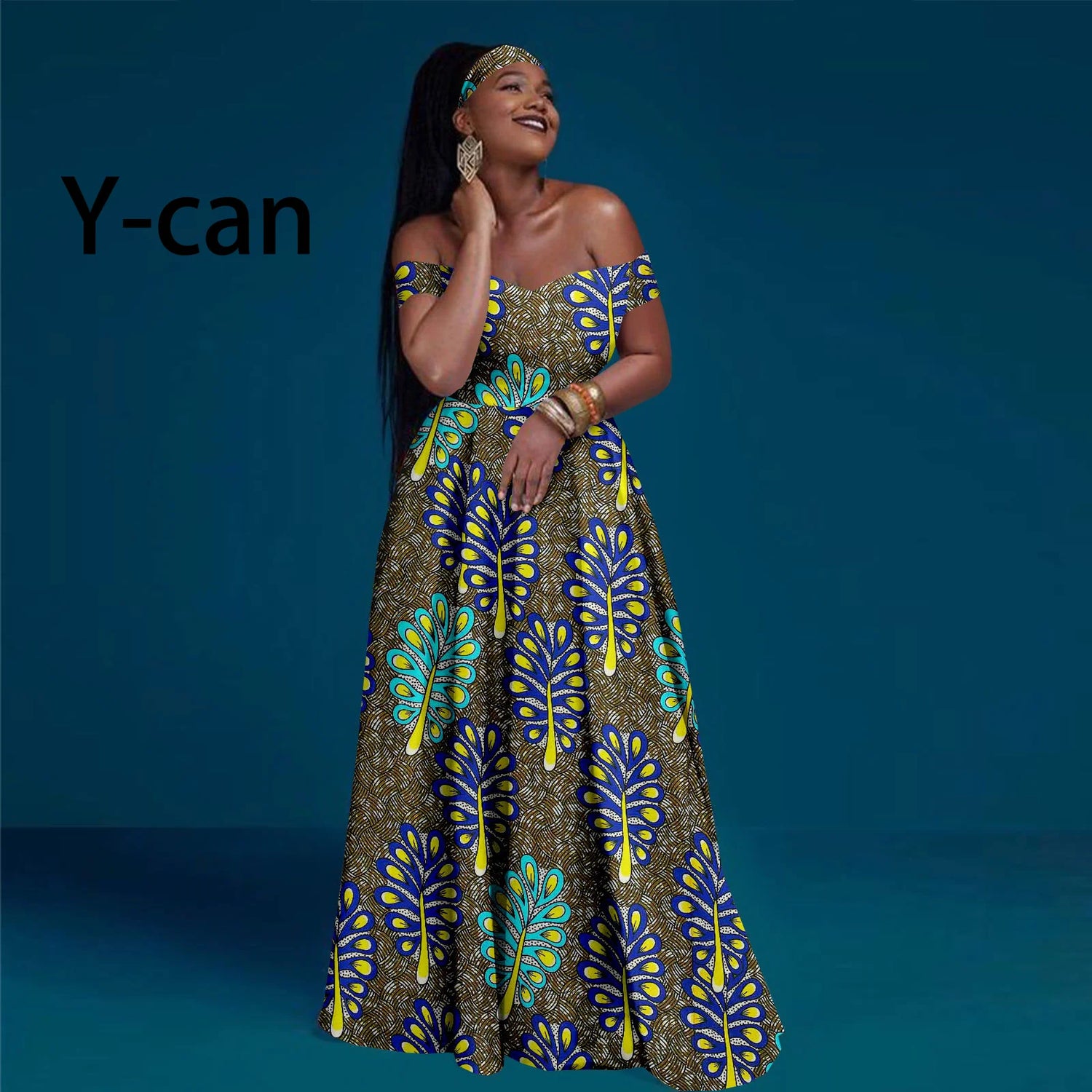 A-line African Dress Off Shoulder Sleeveless Gown with Headwrap