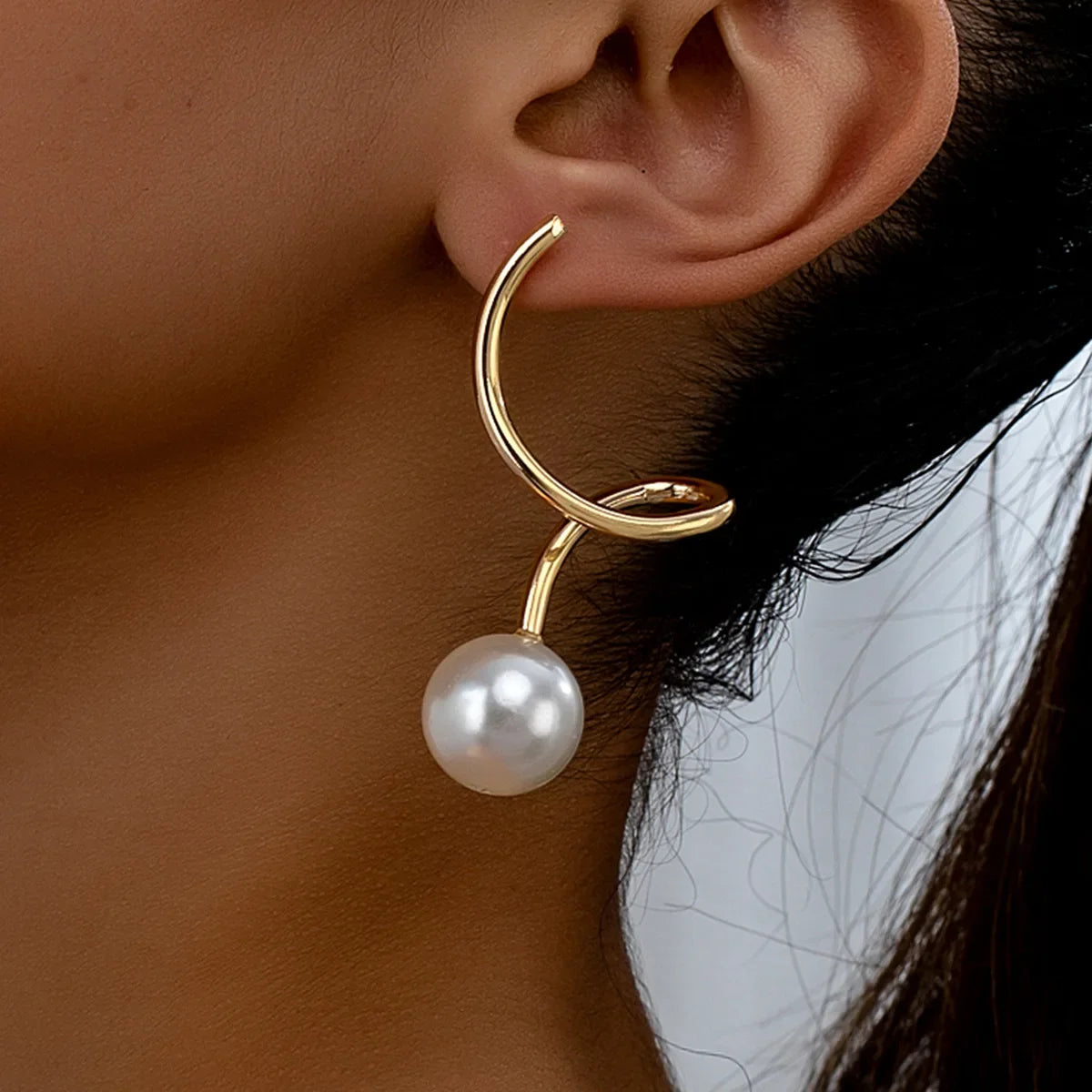 Curved Gold Arc Pearl Drop Earrings