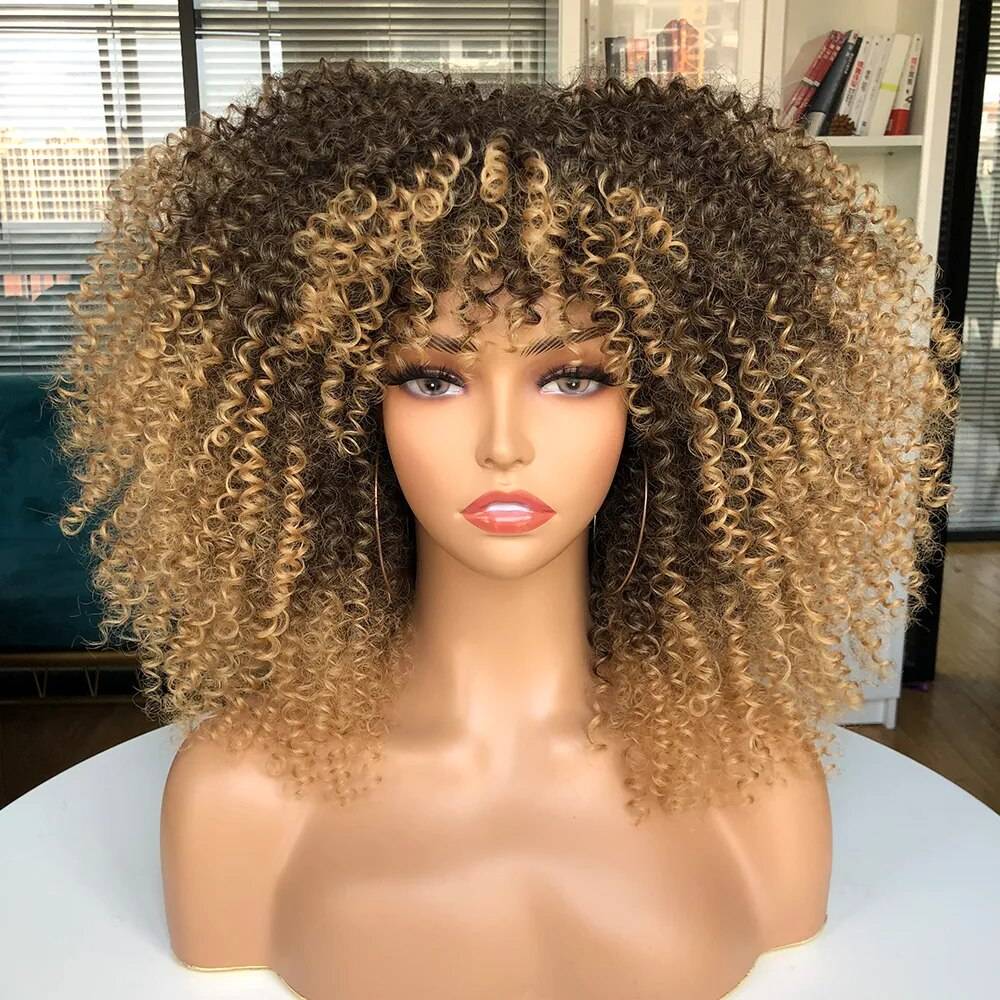 Afro Kinky Curly Wig With Bangs For Black Women 16&