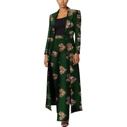 Elegant African Print Two-Piece Suit: Long Tailored Jacket &amp; Wide Leg Pants - Ankara
