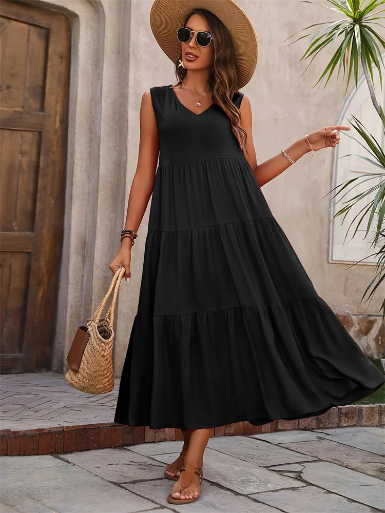 Women’s Summer V-Neck Tiered Maxi Dress - Sleeveless Boho Sundress in 5 Colors
