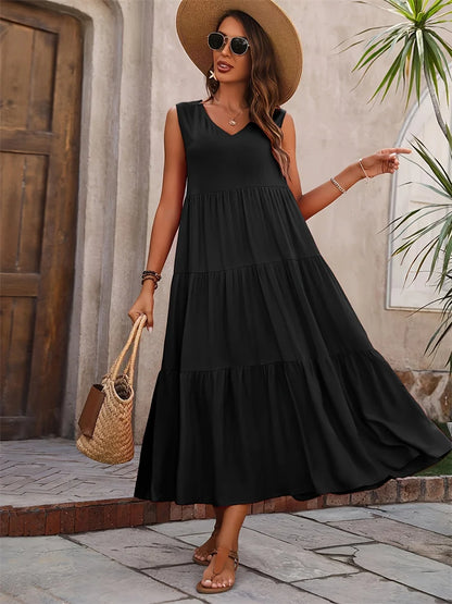 Women’s Summer V-Neck Tiered Maxi Dress - Sleeveless Boho Sundress in 5 Colors