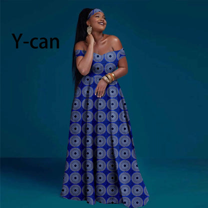 A-line African Dress Off Shoulder Sleeveless Gown with Headwrap