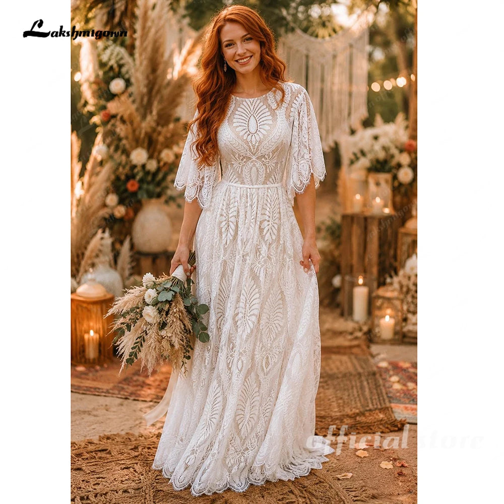 High Neck Flare Sleeves Boho Lace Plus Size Wedding Dress Bohemian