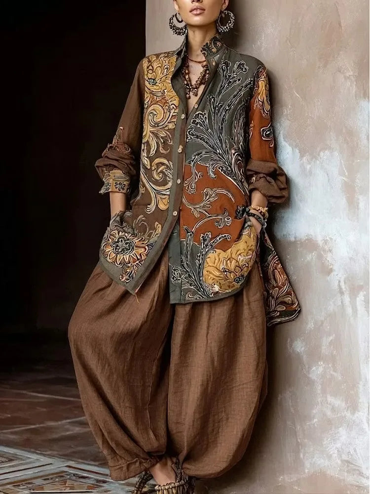 Pantset Outfit Long Sleeve Cotton/Linen Vintage Print with Loose Wide-leg Pants