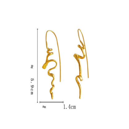 Gold abstract wavy drop earrings shown with dimension markings indicating a height of approximately 5.9 cm, width of 1.