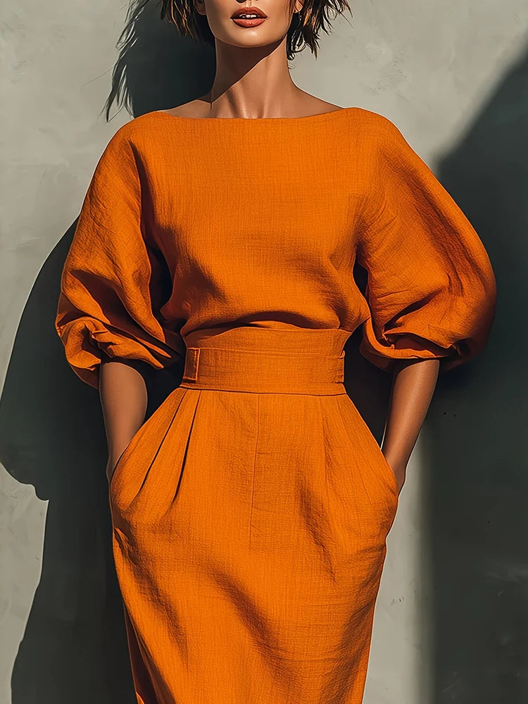 Elegant Puff Sleeve Midi Dress – High Waist African Inspired Dress