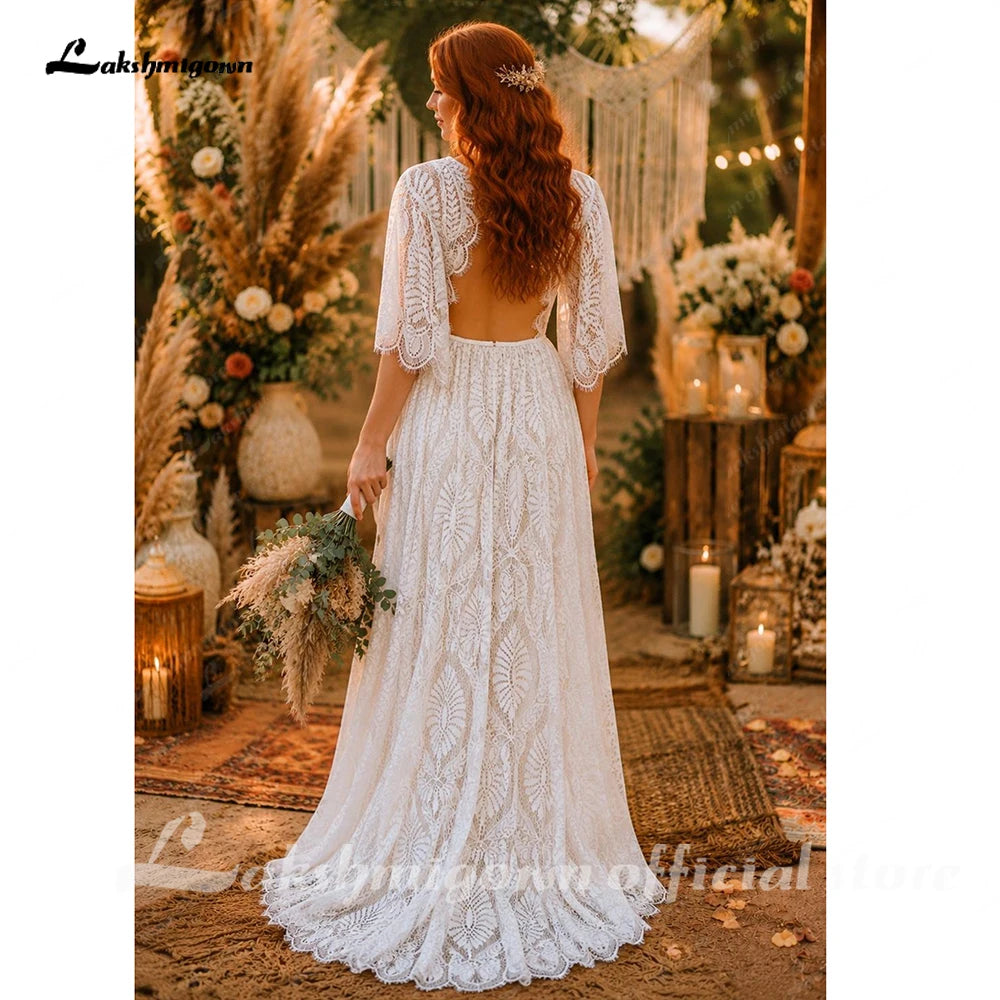 High Neck Flare Sleeves Boho Lace Plus Size Wedding Dress Bohemian