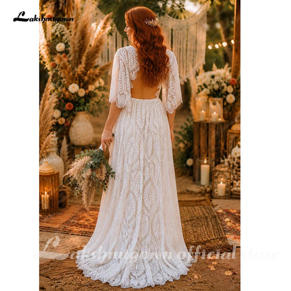High Neck Flare Sleeves Boho Lace Plus Size Wedding Dress Bohemian