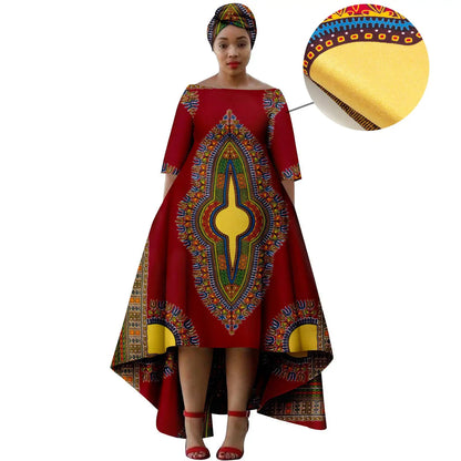 Elegant Dashiki Print High-Low Dress with Turban