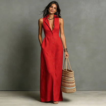 Fashion V-neck Maxi Dress Single Breasted Sleeveless