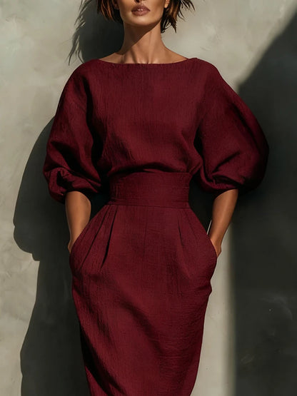 Elegant Puff Sleeve Midi Dress – High Waist African Inspired Dress