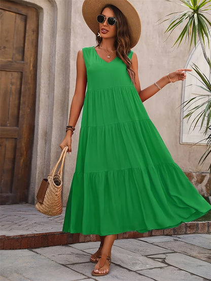 Women’s Summer V-Neck Tiered Maxi Dress - Sleeveless Boho Sundress in 5 Colors