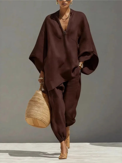 Women’s 2-Piece Linen Blend Lounge Set - Oversized Batwing Tunic &amp; Tapered Joggers