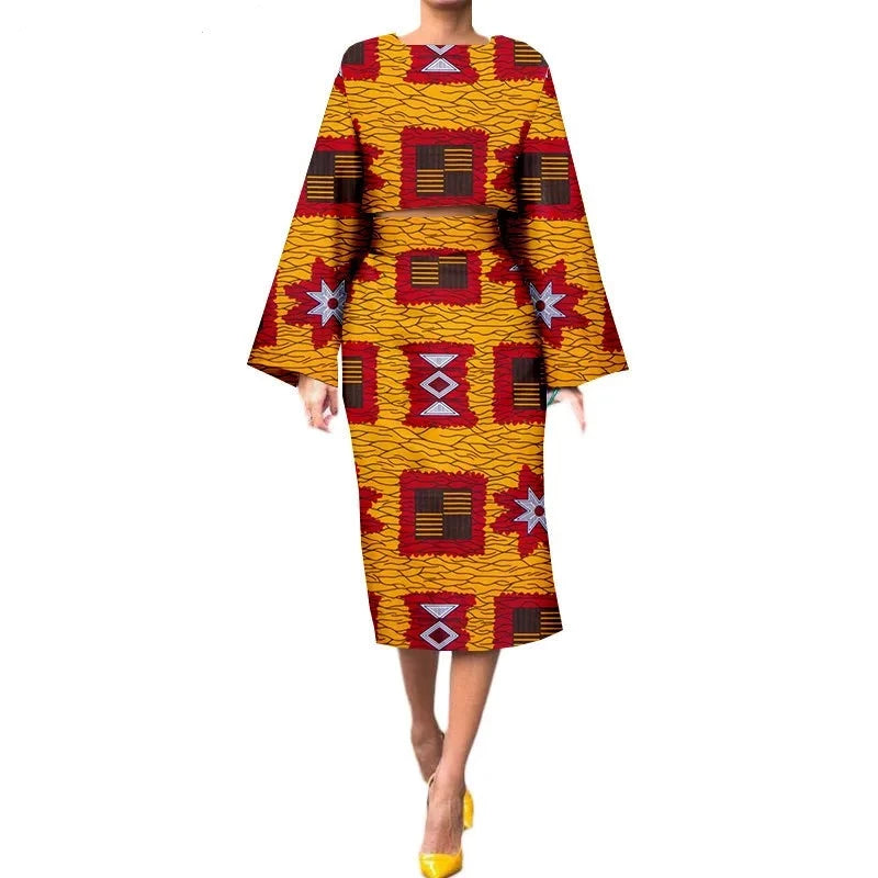 African 2 Piece Skirt and Long Sleeve top Set for Women