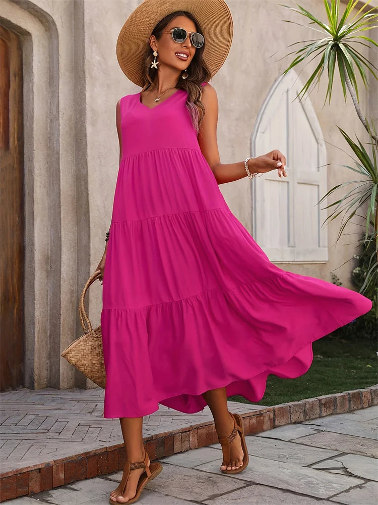 Women’s Summer V-Neck Tiered Maxi Dress - Sleeveless Boho Sundress in 5 Colors