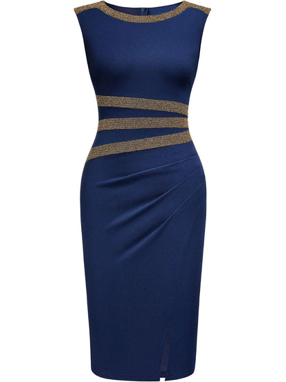 Elegant Sleeveless Dress with Gold Accent and Split