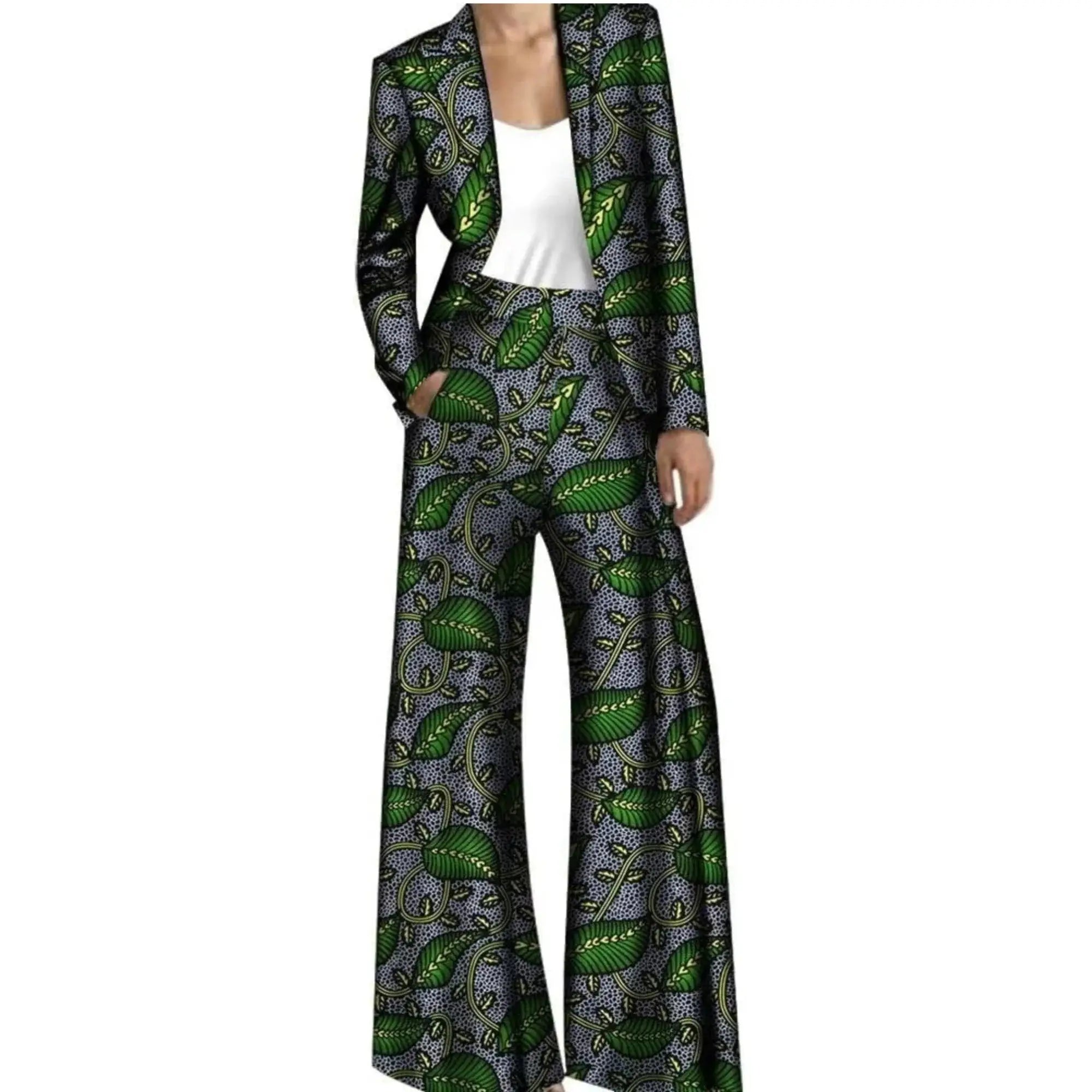 Green African pantsuit with leaf-inspired prints, including a sleek jacket and wide-leg trousers. A fashionable and unique outfit choice.