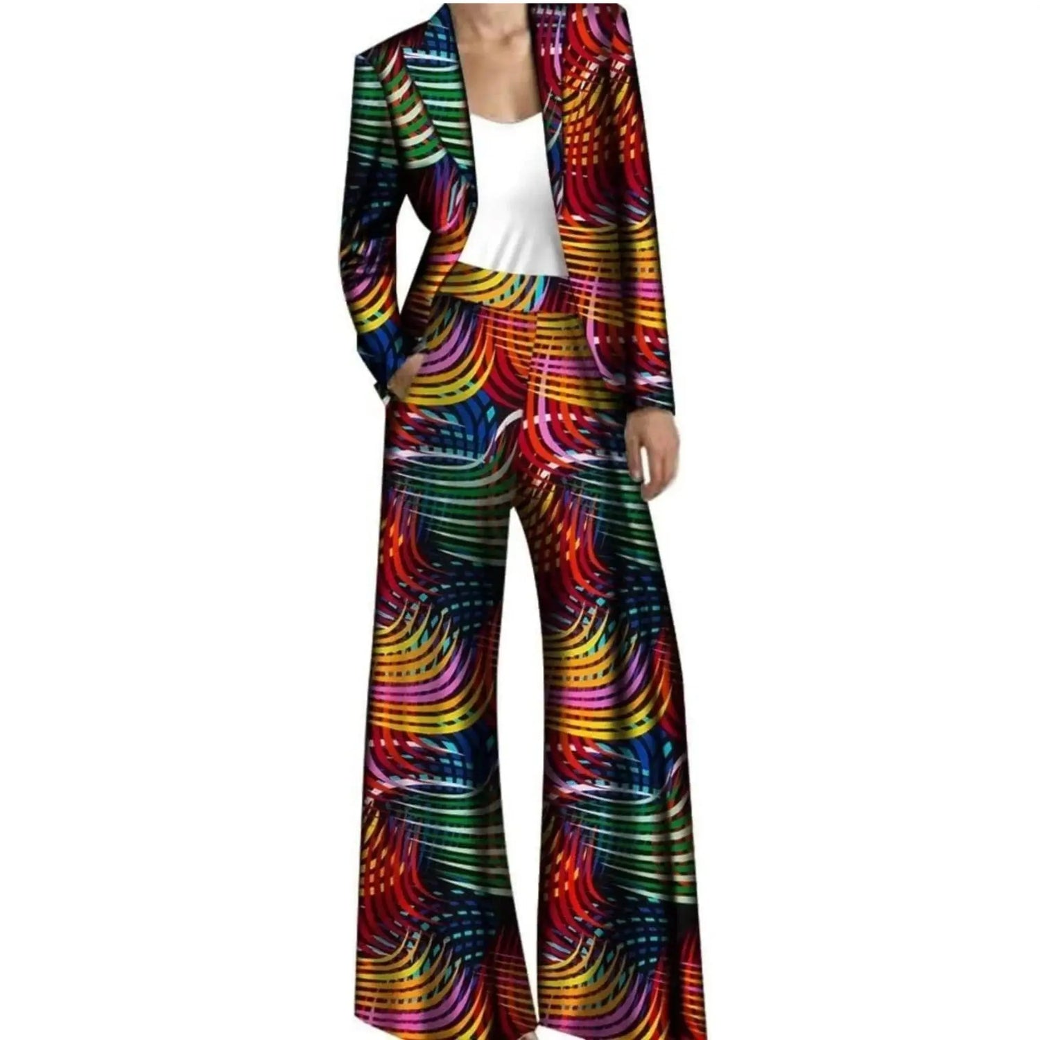 Multicolored African pantsuit with a vibrant wave pattern, featuring a tailored jacket and wide-leg trousers. A bold and stylish look.