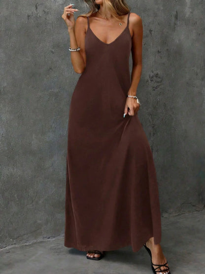 Casual and elegant loose solid color backless camisole V-neck sleeveless maxi dress