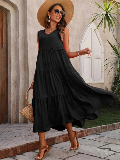 Women’s Summer V-Neck Tiered Maxi Dress - Sleeveless Boho Sundress in 5 Colors