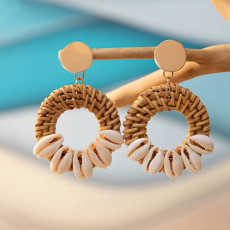 Handmade Rattan &amp; Cowrie Shell Drop Earrings | Boho Beach Statement Jewelry | Natural Woven Wicker Dangle Earrings with Wood Beads