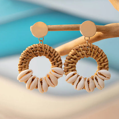 Handmade Rattan &amp; Cowrie Shell Drop Earrings | Boho Beach Statement Jewelry | Natural Woven Wicker Dangle Earrings with Wood Beads
