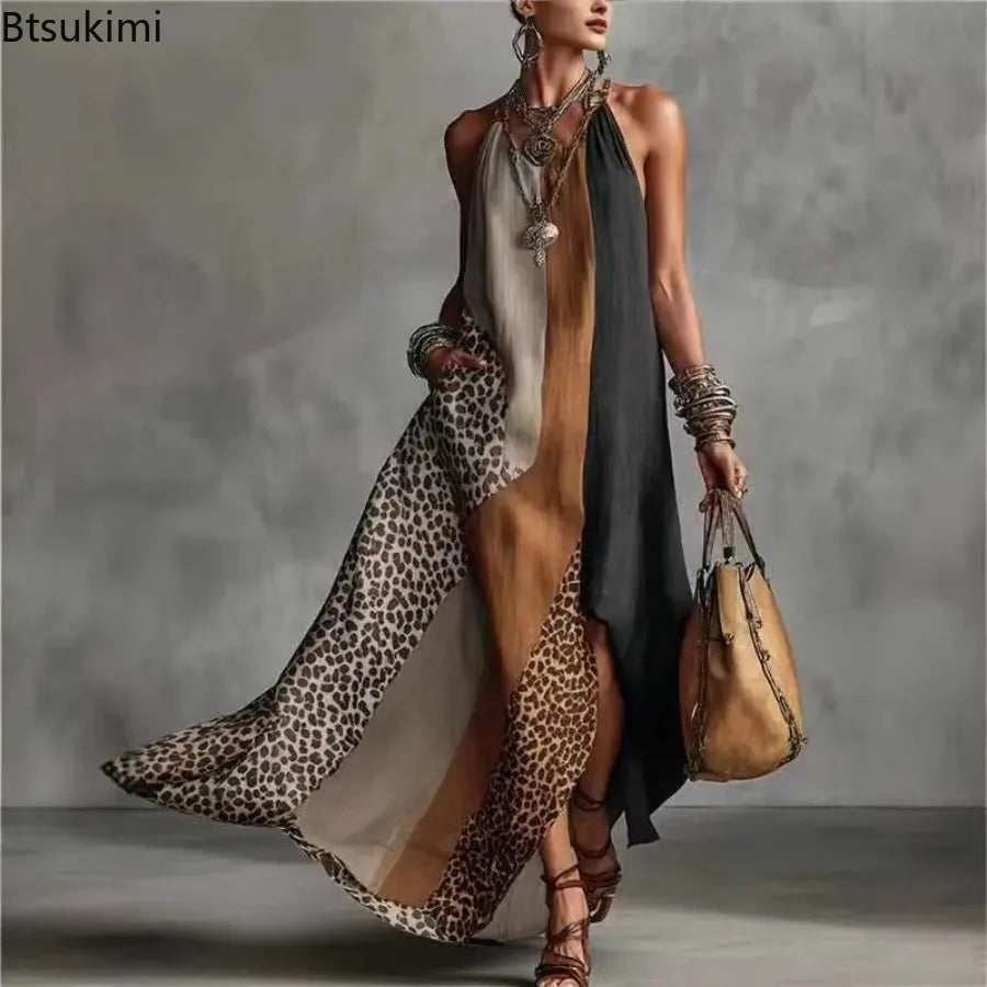 Halter Split Hem Maxi Sleeveless Dress Patchwork Animal Print