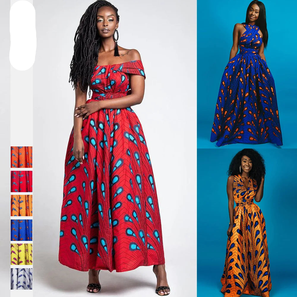 Stylish African print Infinity Maxi Dress in bold red and blue patterns, showcasing convertible wear options for a unique and customizable look.