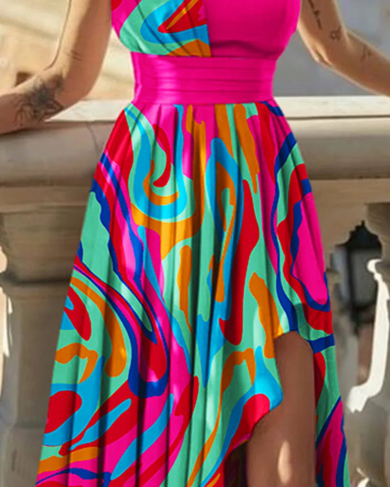 Colorful One Shoulder High Slit Dress