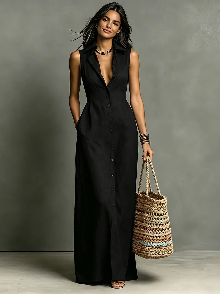 Fashion V-neck Maxi Dress Single Breasted Sleeveless