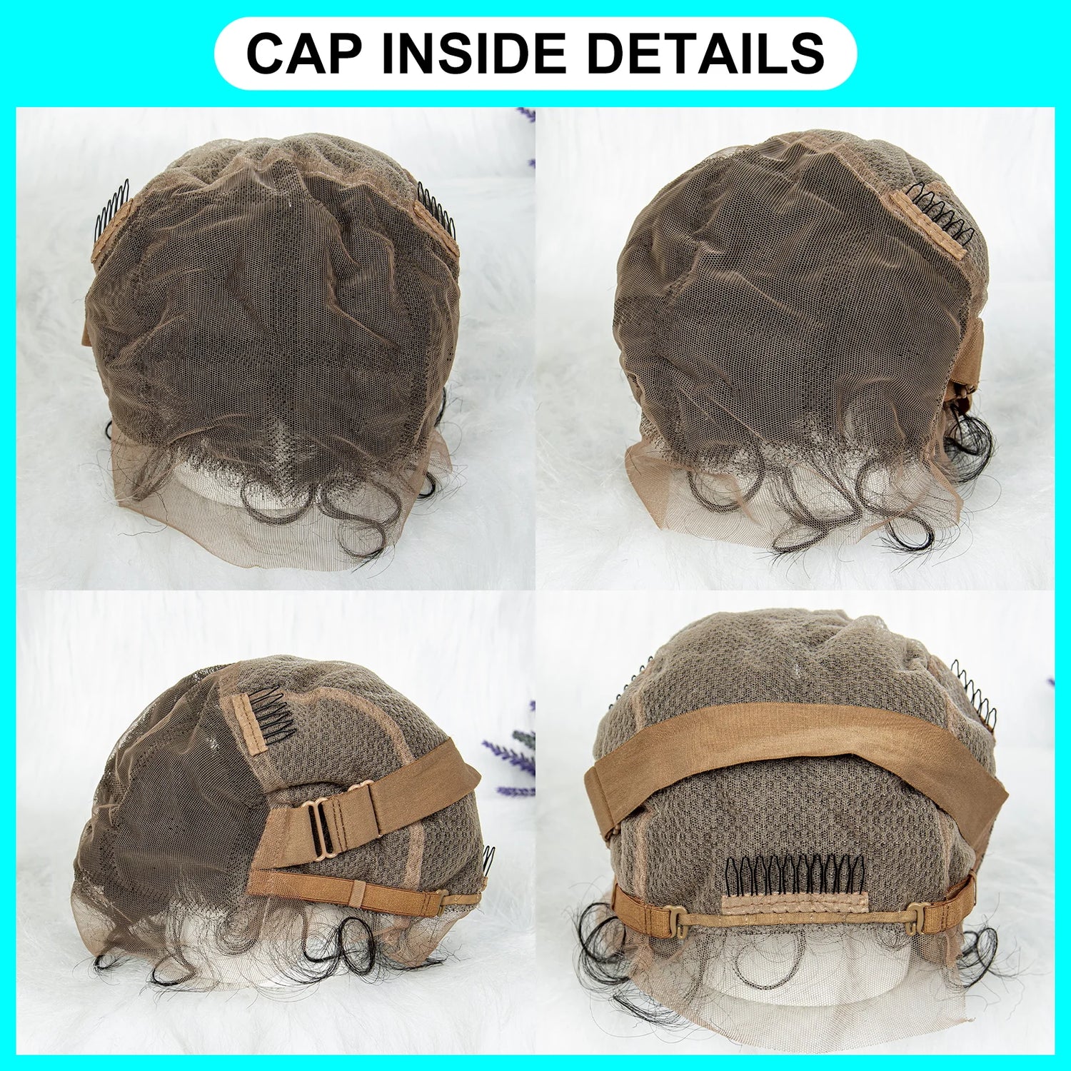 Four views of a hair cap with mesh and straps on a white background.