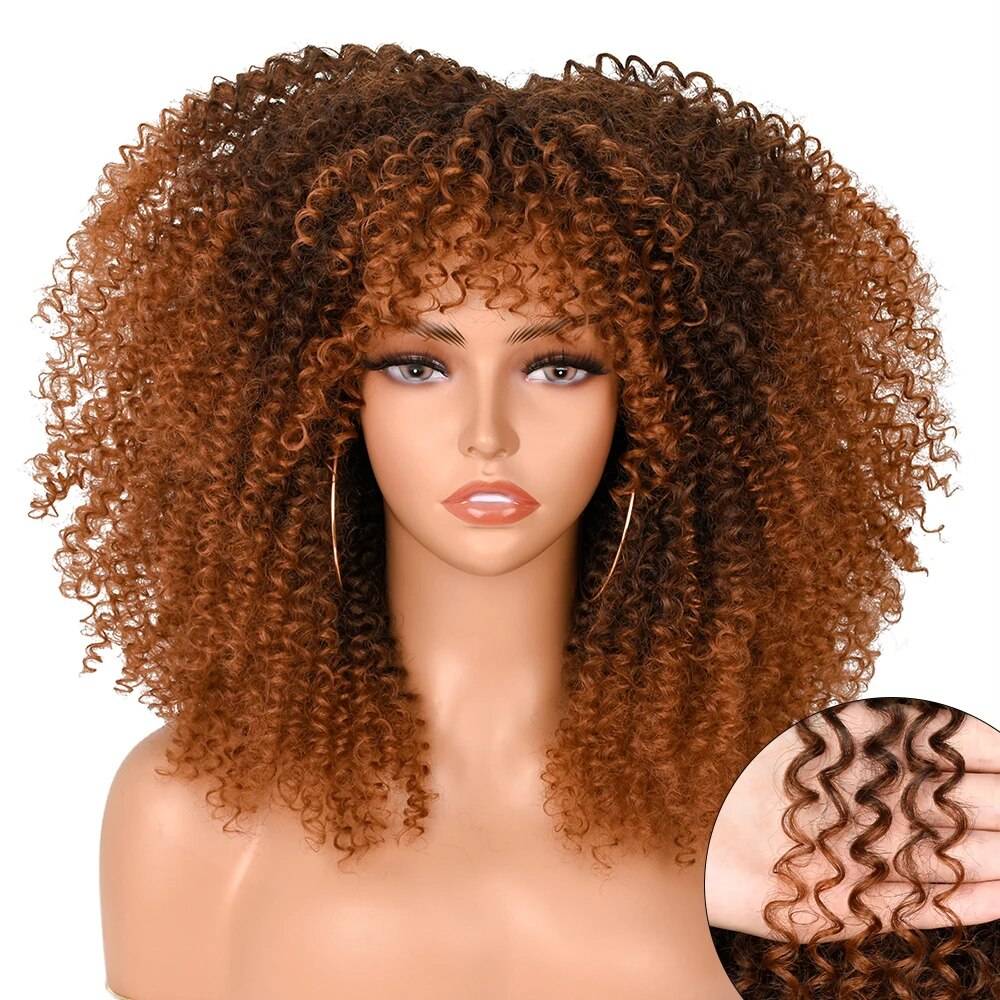 Afro Kinky Curly Wig With Bangs For Black Women 16&