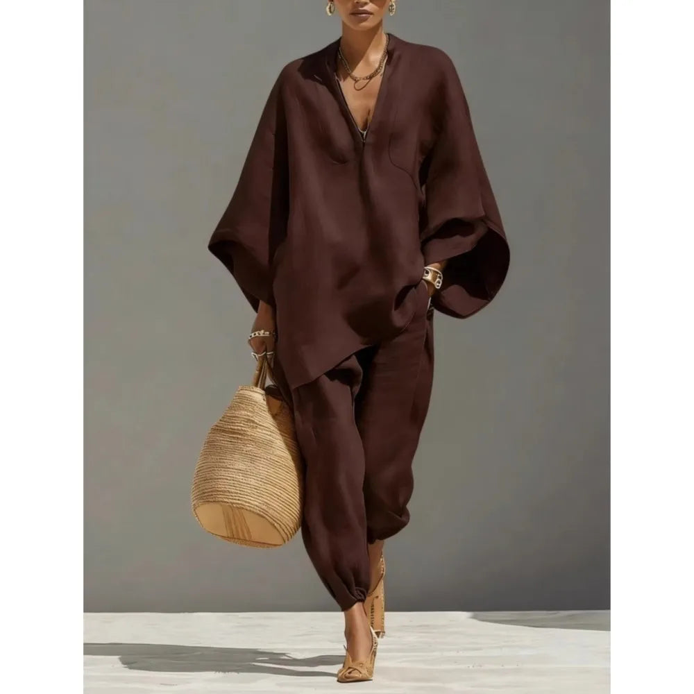 Women’s 2-Piece Linen Blend Lounge Set - Oversized Batwing Tunic &amp; Tapered Joggers