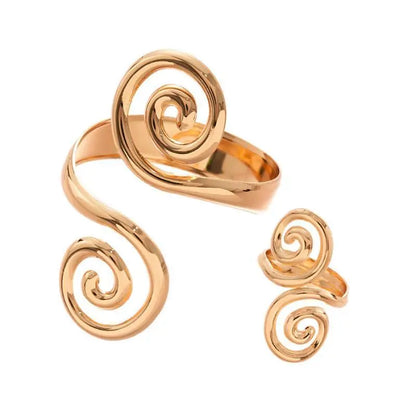 Polished gold spiral hair cuff and matching ring set product view.   