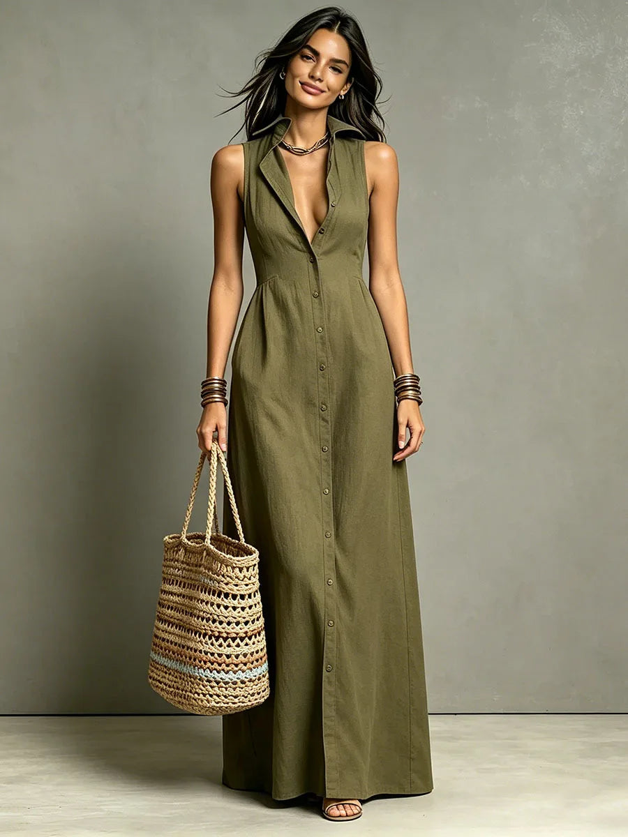 Fashion V-neck Maxi Dress Single Breasted Sleeveless