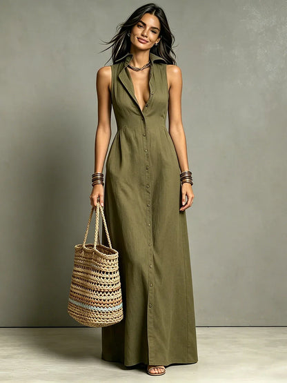 Fashion V-neck Maxi Dress Single Breasted Sleeveless