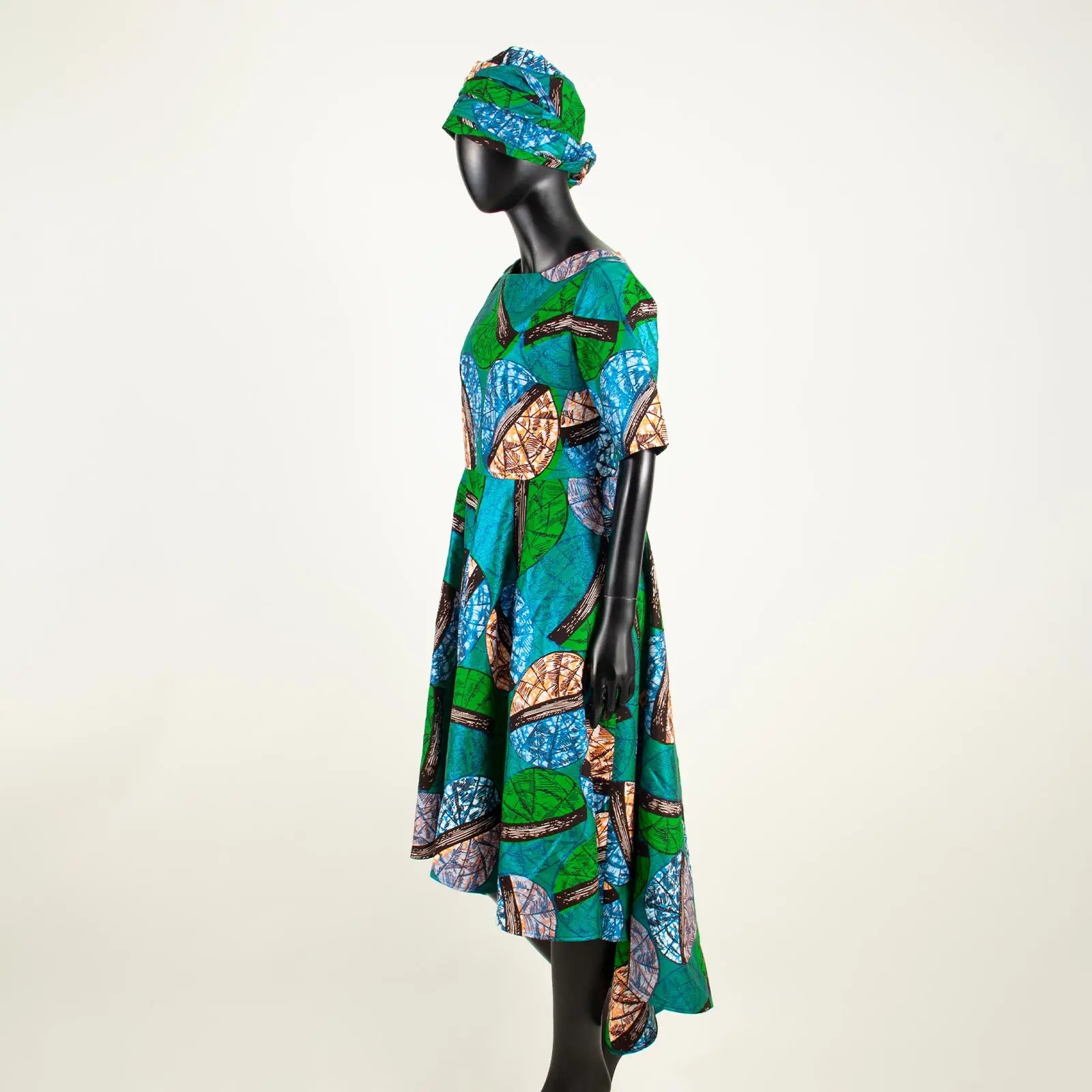 Elegant Dashiki Print High-Low Dress with Turban