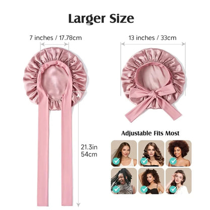 Size guide of Luxe Silk Bonnet with adjustable fit and larger dimensions, suitable for various hair types and secure overnight wear.