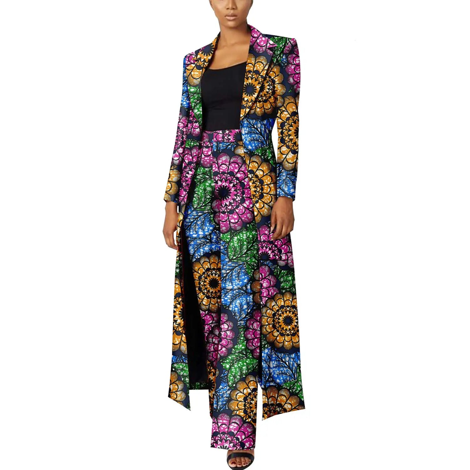 Elegant African Print Two-Piece Suit: Long Tailored Jacket &amp; Wide Leg Pants - Ankara