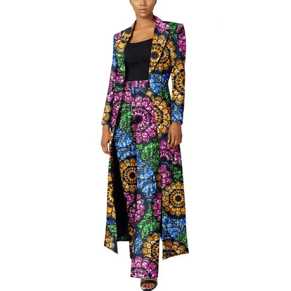 Elegant African Print Two-Piece Suit: Long Tailored Jacket &amp; Wide Leg Pants - Ankara