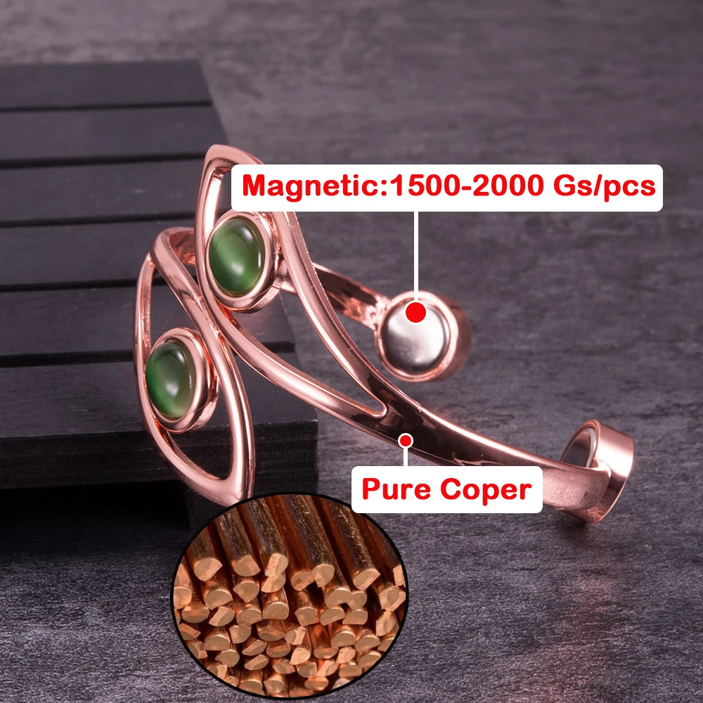 Rose gold magnetic cuff bracelet with green stone accents, shown on a dark textured surface with a circular inset of pure copper wire. Text overlays indicate &