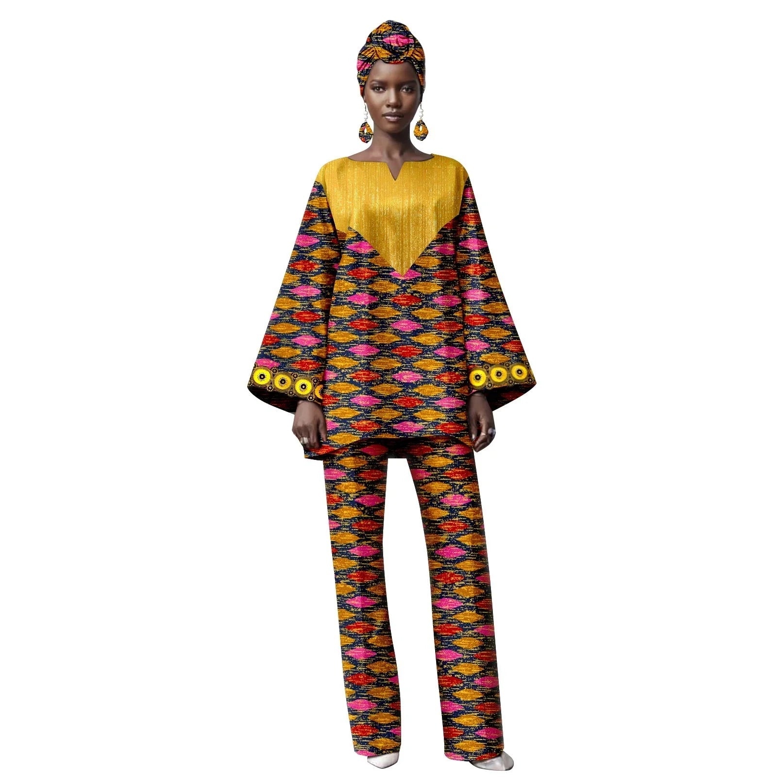Woman wearing a colorful patterned outfit with a yellow top on a white background