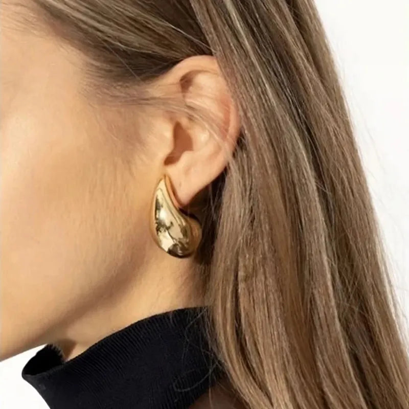 Teardrop Earrings Vintage Gold Plated Chunky Dome Drop Earrings for Women Glossy Stainless Steel Thick Dupes Lightweight Hoops
