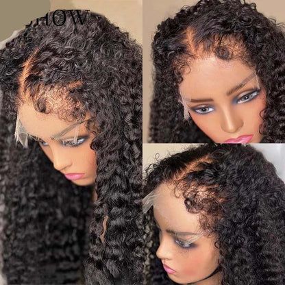 Glueless Human Hair Water Wave Afro Kinky Curly HD Lace Front Wig with Curly Edges Baby Hair Type 4