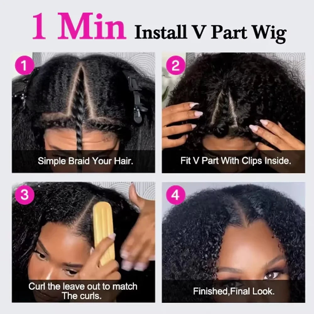 Step-by-step guide on how to install a V part wig with images and text.
