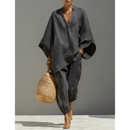 Women’s 2-Piece Linen Blend Lounge Set - Oversized Batwing Tunic &amp; Tapered Joggers