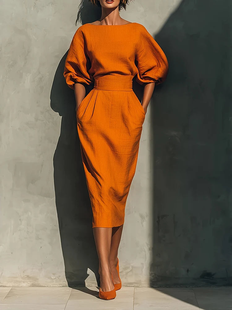 Elegant Puff Sleeve Midi Dress – High Waist African Inspired Dress